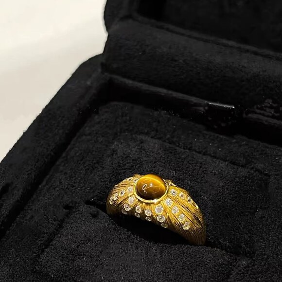 Men's Women's 14k Gold Plated Solid Sterling Silver Tiger's Eye ced CZ Ring - Picture 2 of 6